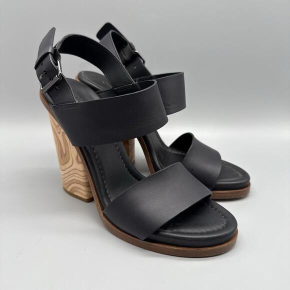 Vince Haley Sandal Black Leather Open Toe Ankle Buckle Wood Heel Women’s Size 9 - Picture 3 of 8